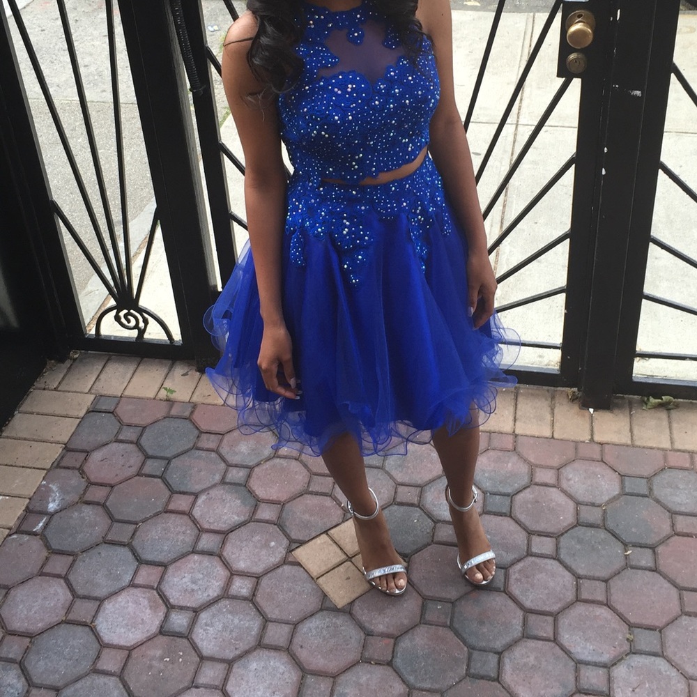 Two piece sequin royal blue prom dress